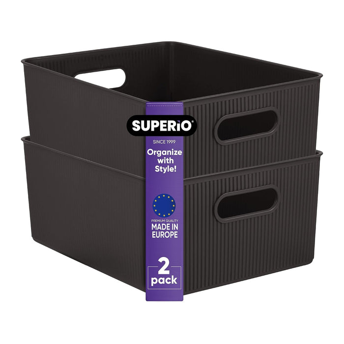 Superio Ribbed Collection - Decorative Plastic Basket Open Home Storage Bins Organizer, Large Brown (2 Pack) Container Boxes for Organizing Closet Storage Bins for Shelves 15 Liter/16 Quart