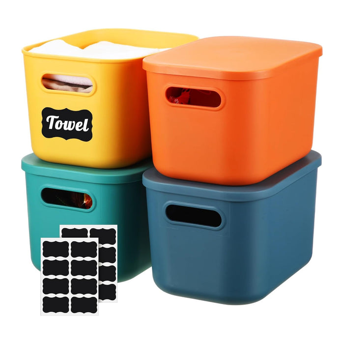 Tanlade 8 Pcs Plastic Storage Bins Stackable Baskets with Lid and Handle Colorful Desktop Storage Box Cubby Containers for Shelf Bedroom Office, Include 1 Erasable Marker, 16 Stickers (10 x 7 x 6 In)