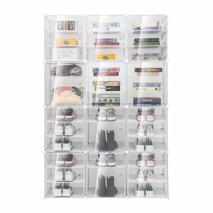 TENNIX 72 Pairs Foldable Shoes Box, 12 Tiers Clear Plastic Stackable Shoe Organizer for Closet and Entryway, Space Saving Shoe Box Sneaker Holder Container Shoe Stackable Closet