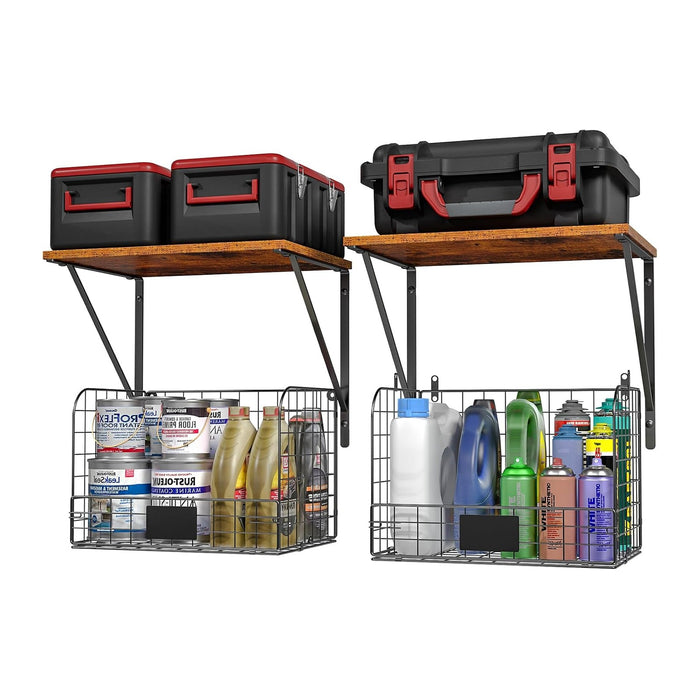 ThreeHio 2 Pack Garage Shelves Wall Mounted with Wire Storage baskets, Heavy Duty Garage Wall Shelving with Hooks, Wooden floating shelves Tool Organizer for Home Garden Garage Organizers and Storage