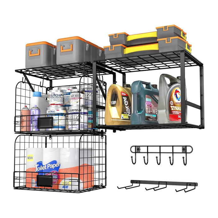 ThreeHio Garage Shelf Wall Mounted with Wire Baskets, Heavy Duty Garage Wall Shelving with Garden Tool Rack and Hooks, Wire Shelf Baskets Tool Organizer for Home Garden Yard Organization and Storage