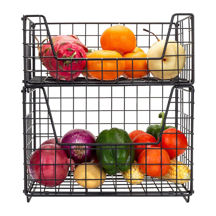 TIEYIPIN 2 Tier Metal Wire Storage Basket, Stackable Fruit Vegetable Food Baskets Cabinet Organizer Pantry Bin for Home Bathroom Kitchen Office Organization - Black