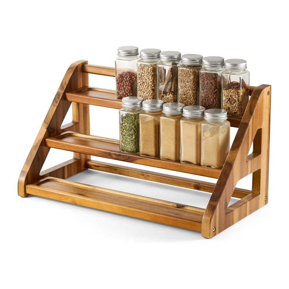 Tinamo Acacia Wood Spice Rack for Countertop, 3-Tier Design, Holds 24 Jars
