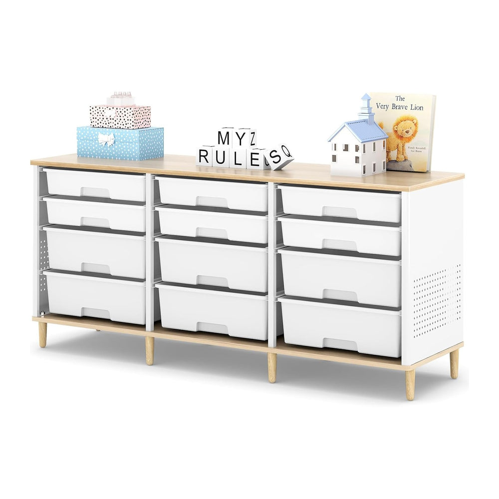 TOOLF 12 Drawers Storage Cabinet with Wooden Top and Plastic Bins, White