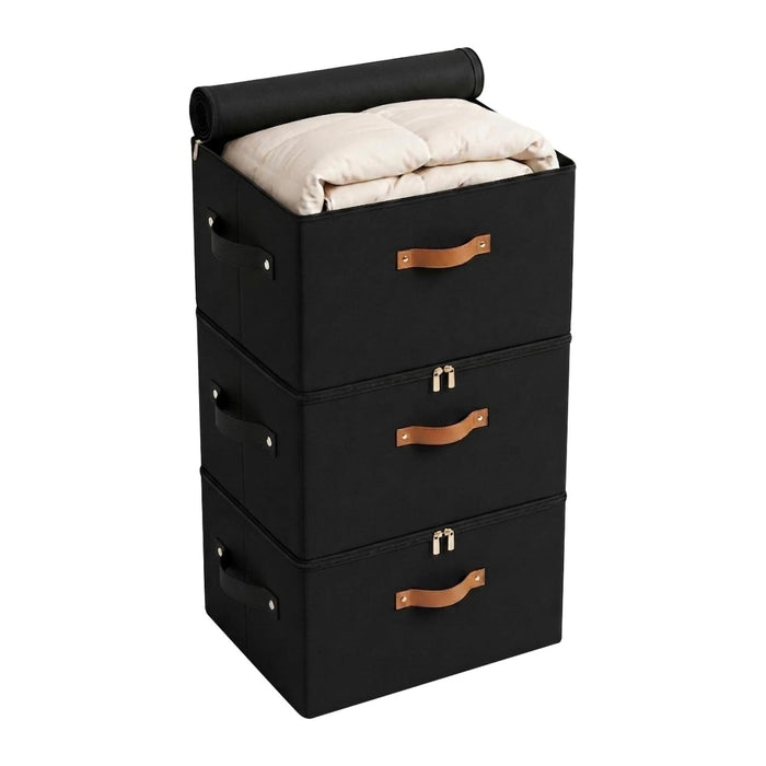 Tuza 3 Pack Foldable Storage Bin with Lid, Heavy-Duty Fabric Storage Box with Reinforced Handles, Collapsible Closet Organizer for Clothes, Bedding, Wardrobe & Bedroom Organization(Black, 56L)