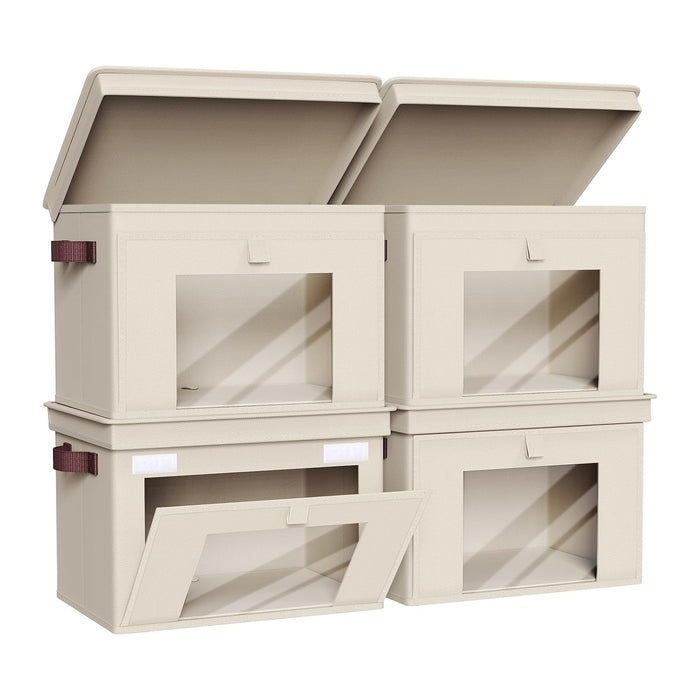 Univivi Front Opening Storage Bins with Lids for Closet, Beige, 4 Pack