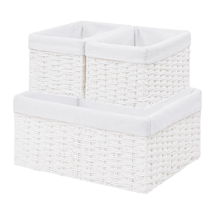 Vagusicc Wicker Basket, Set of 3 Hand-woven Storage Baskets for Organizing, Decorative Rectangle Wicker Storage Basket Bins with Handles, Small Toilet Paper Storage Baskets for Shelves & Decor, White