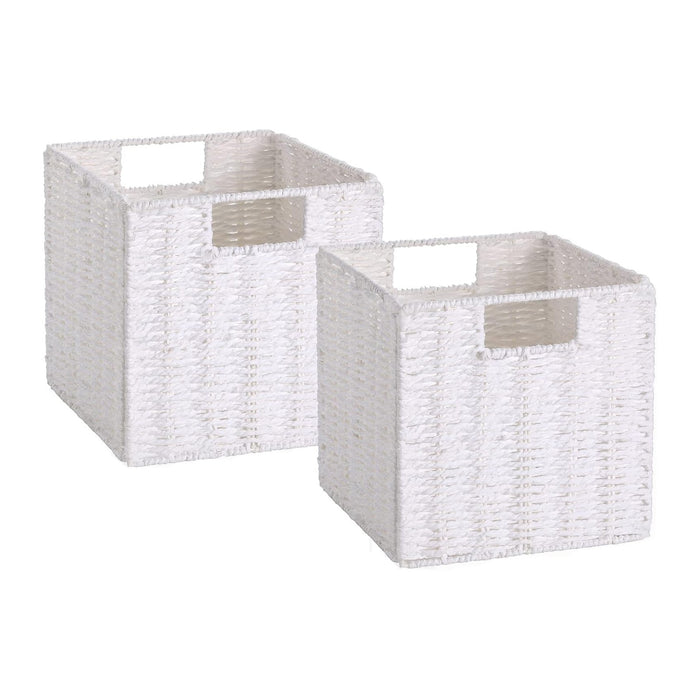 Vagusicc Wicker Storage Basket, Set of 2 Hand-Woven Storage Baskets for Organizing, Foldable Cube Storage Bins, 11 Inch Wicker Storage Baskets for Shelves and Decor, Square Closet Organizer, White