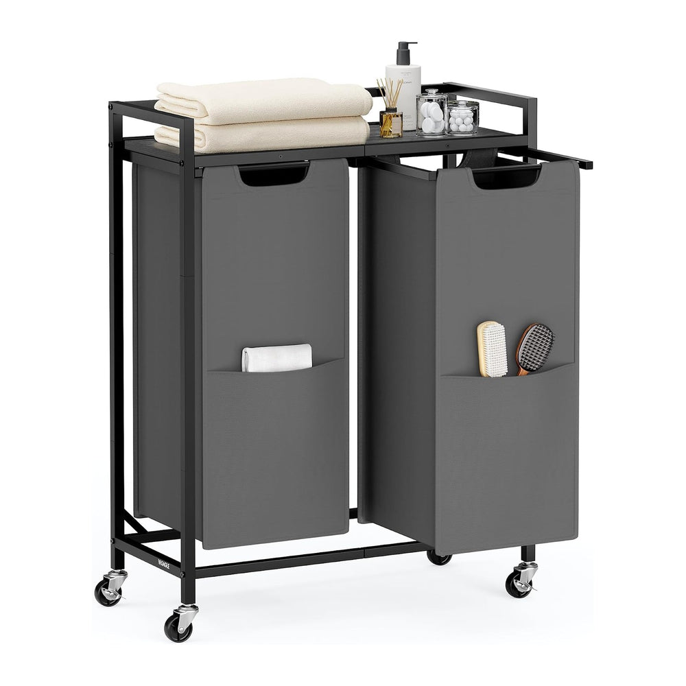 VASAGLE Laundry Sorter 2 Section, Rolling Cart with Shelf 29 Gal. (110 L)