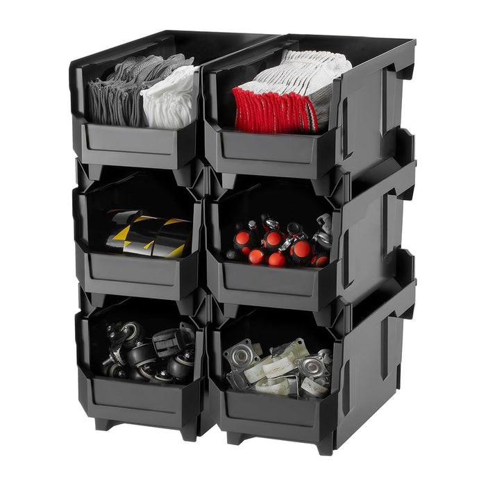 VEVOR Plastic Stackable Storage Bins, 14.8 x 8.5 x 7.1 inch (6 Pack), Plastic Containers for Organizing and Storage Bins for Closet, Garage, Small Parts, Office Supplies and Other Accessories, Black