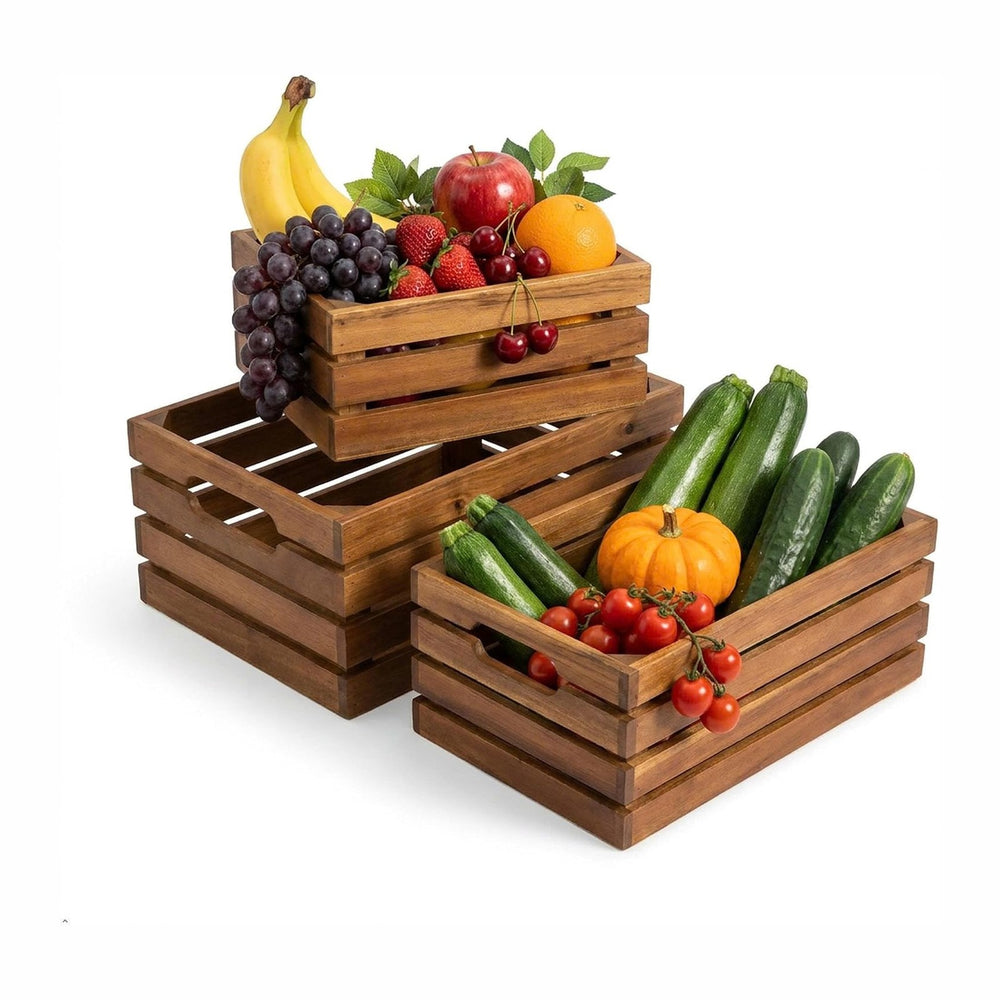 VICTORY RELAX Nesting Wood Storage Crates (Set of 3) - Natural Acacia Wood St...