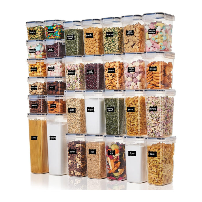 Vtopmart 32pcs Airtight Food Storage Containers Set, BPA Free Plastic Kitchen and Pantry Organization Canisters with Lids for Cereal, Dry Food, Flour and Sugar, Includes 32 Labels