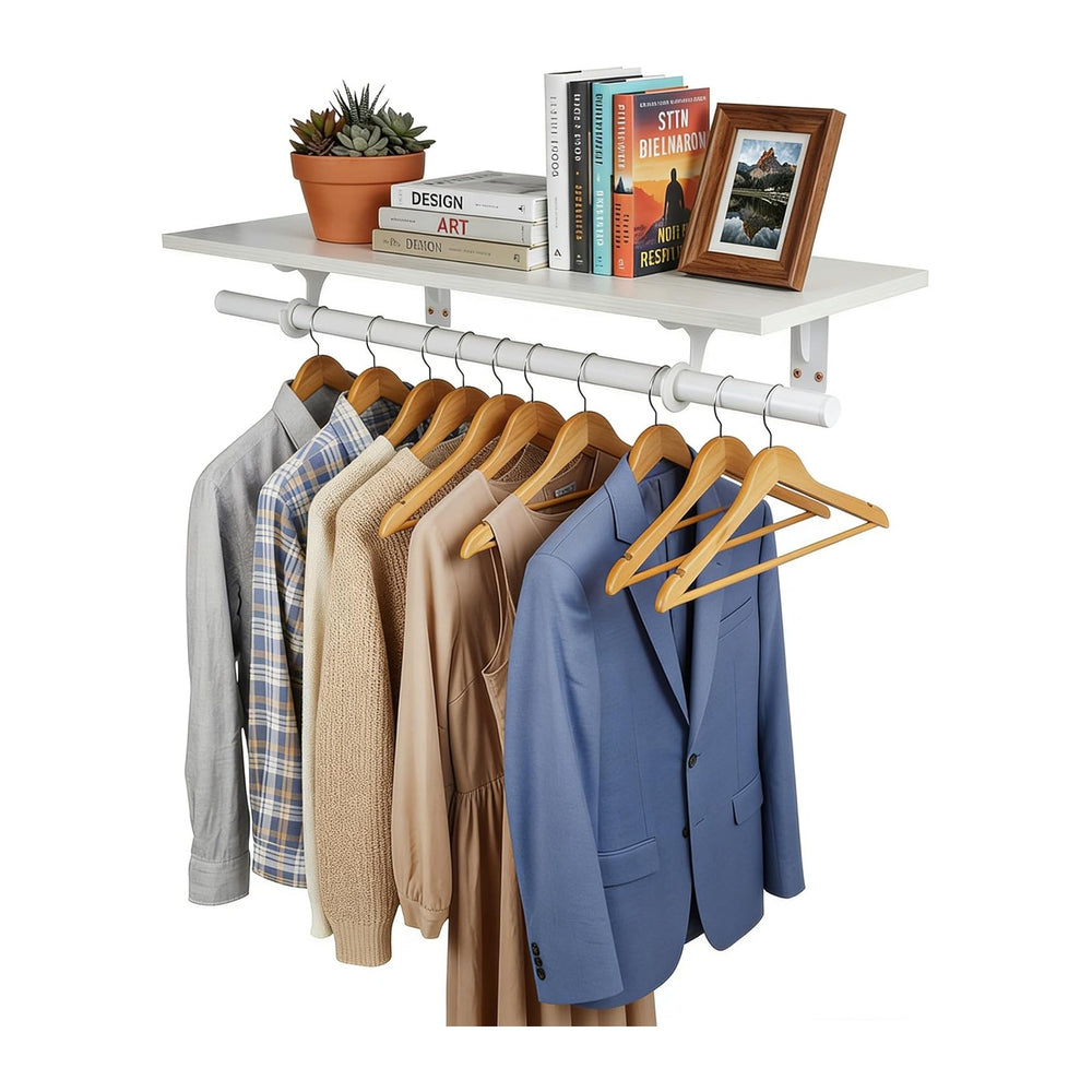 Wall Mounted Clothes Rack, with Top Shelf and Hanging Rod, Heavy Duty (White,...
