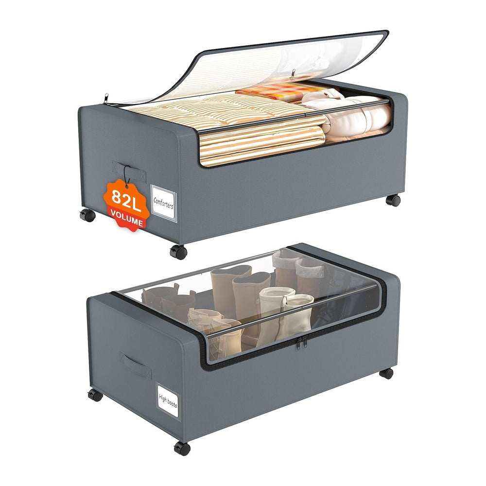 Webetop 2-Pack Under Bed Storage Bins with Wheels, 12 Inch, Clear Lid, Grey