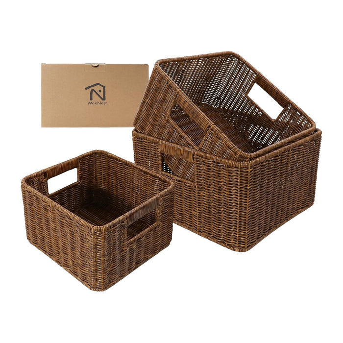 WeeNest Baskets with Handles, Wicker Storage, Shelf Boxes for Organizing, Decorative Resin, Set of 3, Toffee