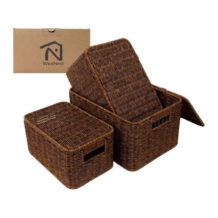 WeeNest Baskets with Handles, Wicker Storage, Shelf Boxes for Organizing, Stackable Woven Bins, Decorative Lidded Resin, Set of 3, Toffee