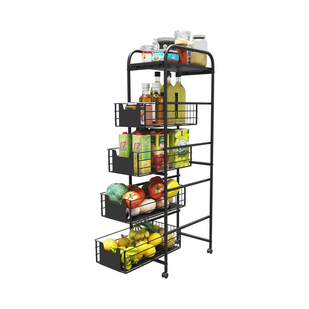 WHIFEA 5 Tier Slim Rolling Cart with Pull-Out Drawers, Multi-Layer Narrow Sto...