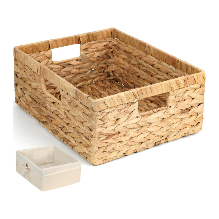 Wicker Shelf Storage Baskets for Organizing - Natural Water Hyacinth Woven Basket Organizers & Storage for Shelves w/Handles & Cotton Liner for Home & Pantry Decor Organization, Large 15” x 12” x 6”