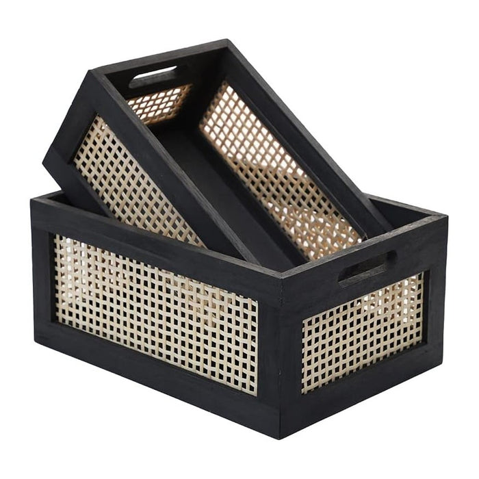 Wicker Wood Storage Baskets with Handle, Set of 2, Black