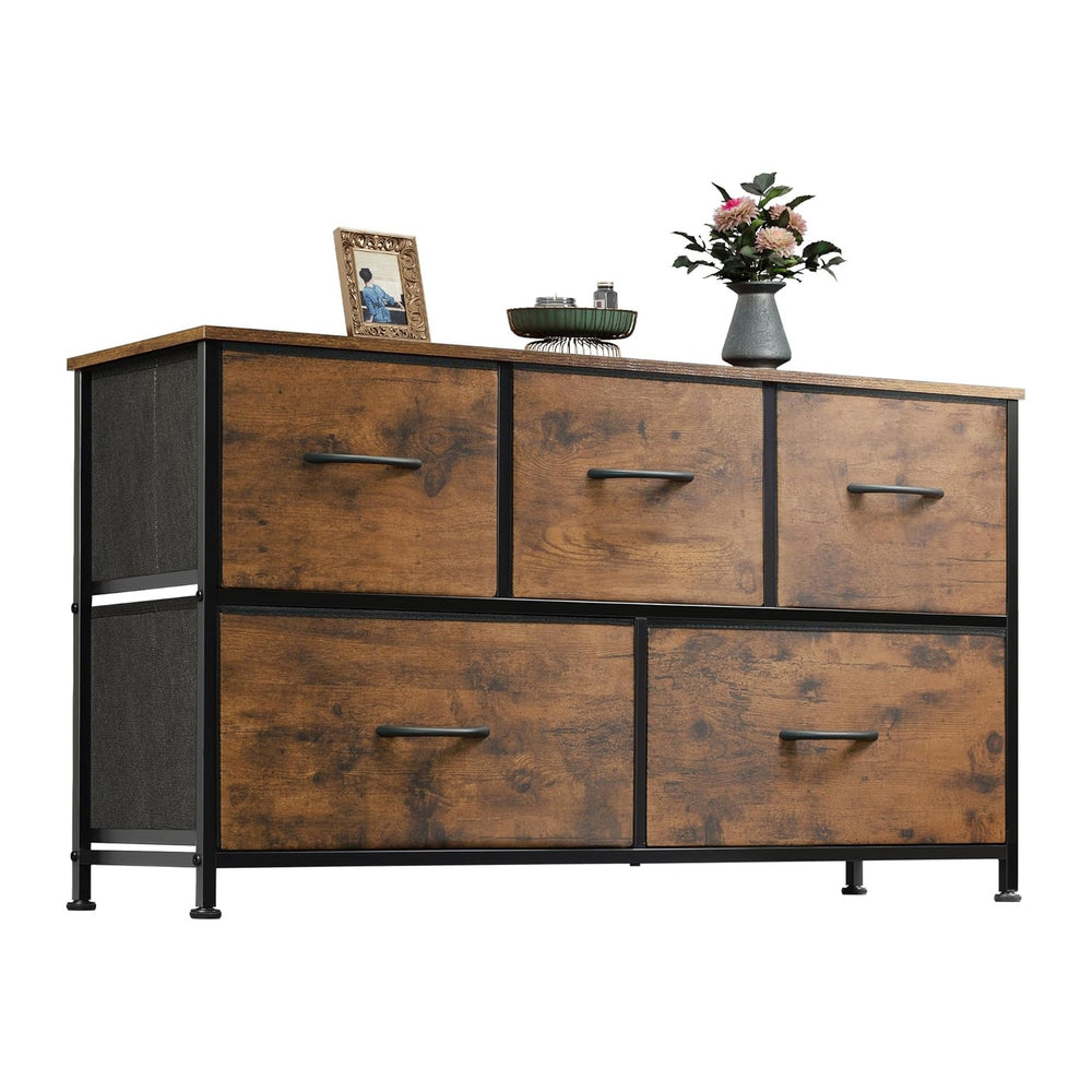 WLIVE Wide Dresser for Bedroom, 5 Drawer Chest of Drawers, Rustic Brown