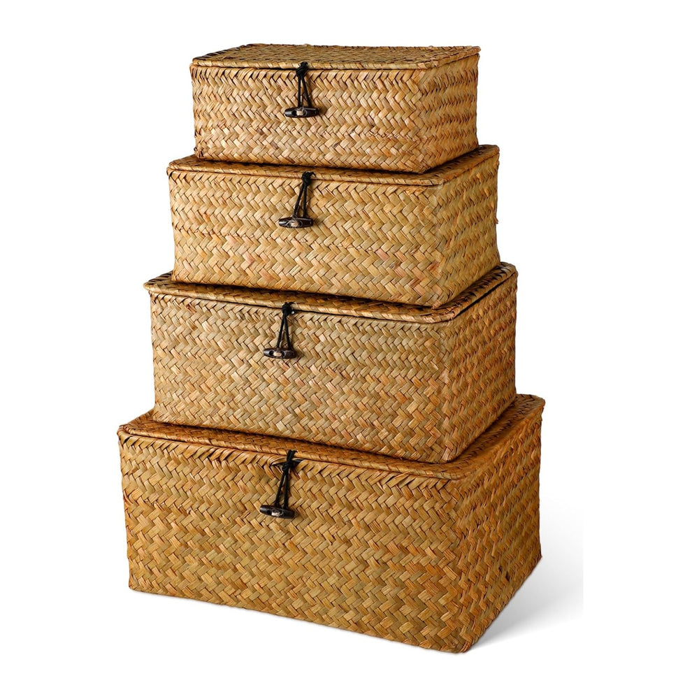 Woanger Set of 4 Wicker Baskets with Lids, Orange