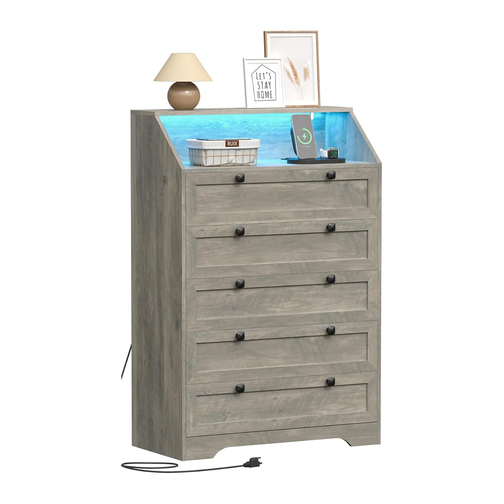 Wodeer Grey Dresser Tall 5 Drawer Dresser for Bedroom, Wood Chest of Drawers ...