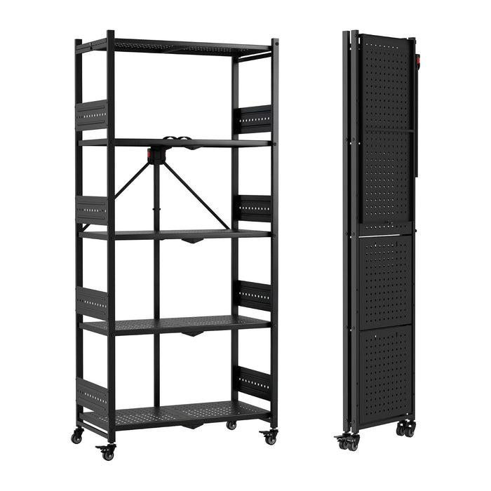 WORKPRO 5-Tier Folding Shelf, No-Assembly Metal Storage Rack with Wheels, 750 lbs Capacity (with Leveling Feet), Collapsible Shelving Unit for Kitchen, Pantry, Bathroom & Closet Organization