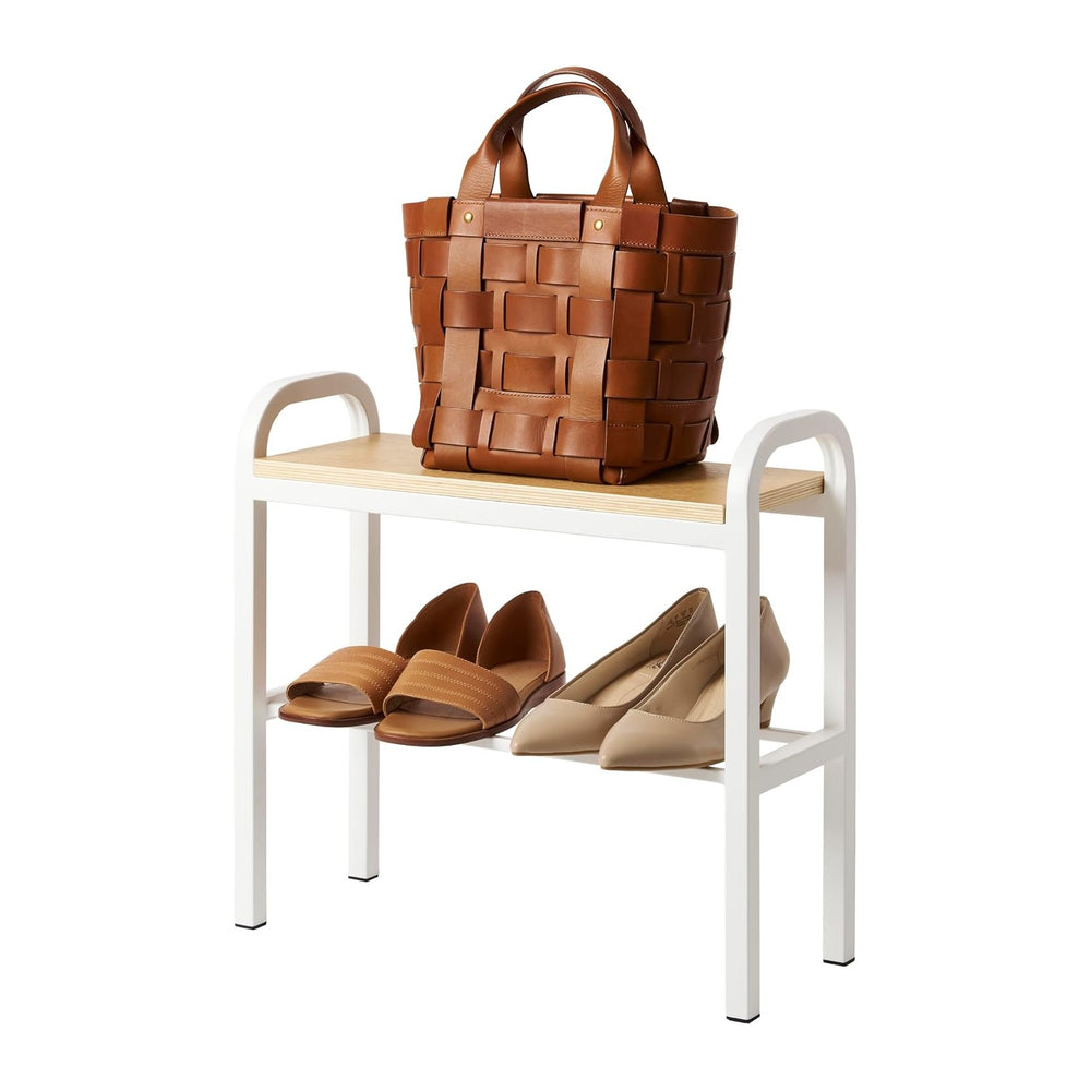 YAMAZAKI Home Shoe Organizer Bench with Wood Top, Entryway Shoe Rack, White