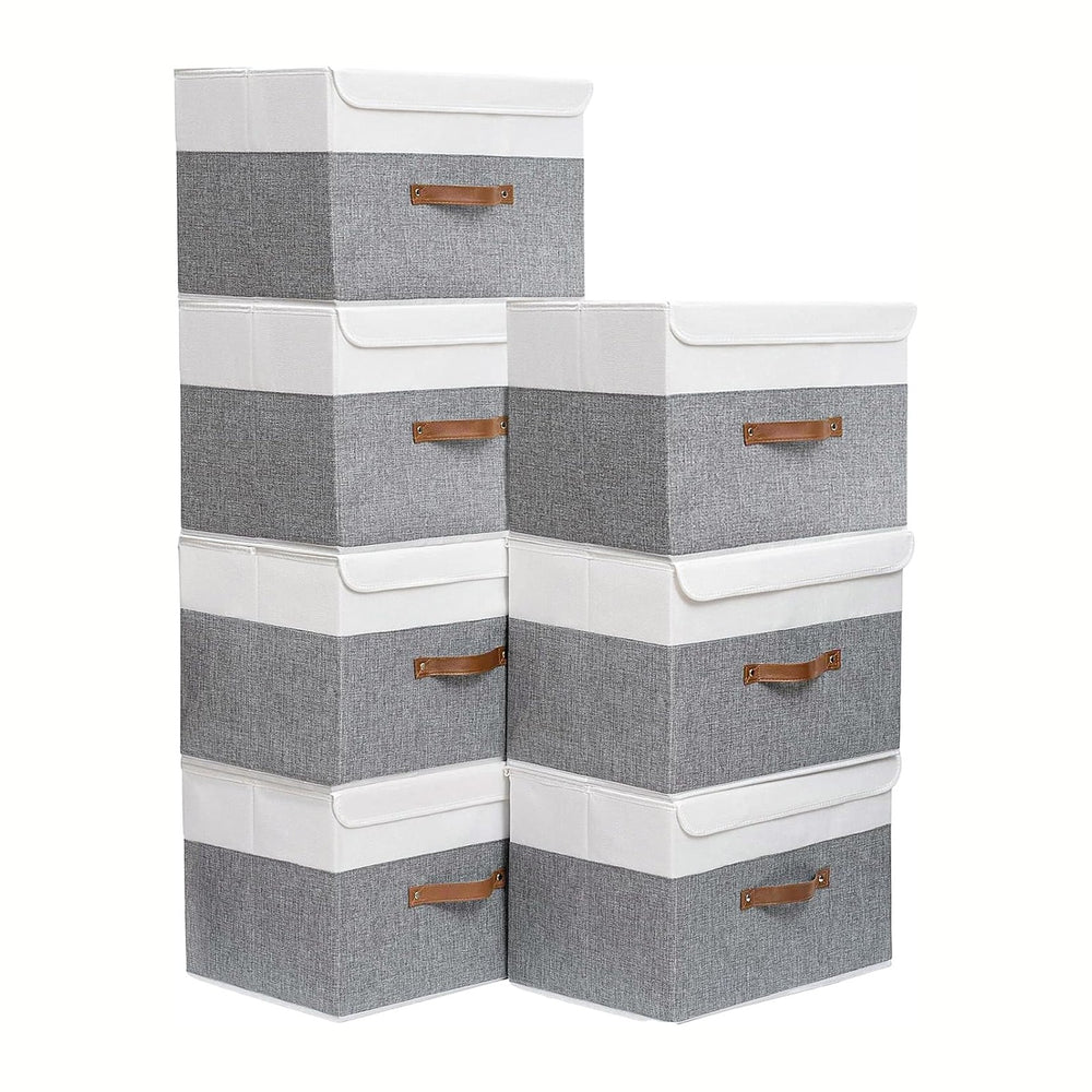 Yawinhe Fabric Storage Boxes with Lids,White/Grey,15.0x9.8x9.8in,7-Pack
