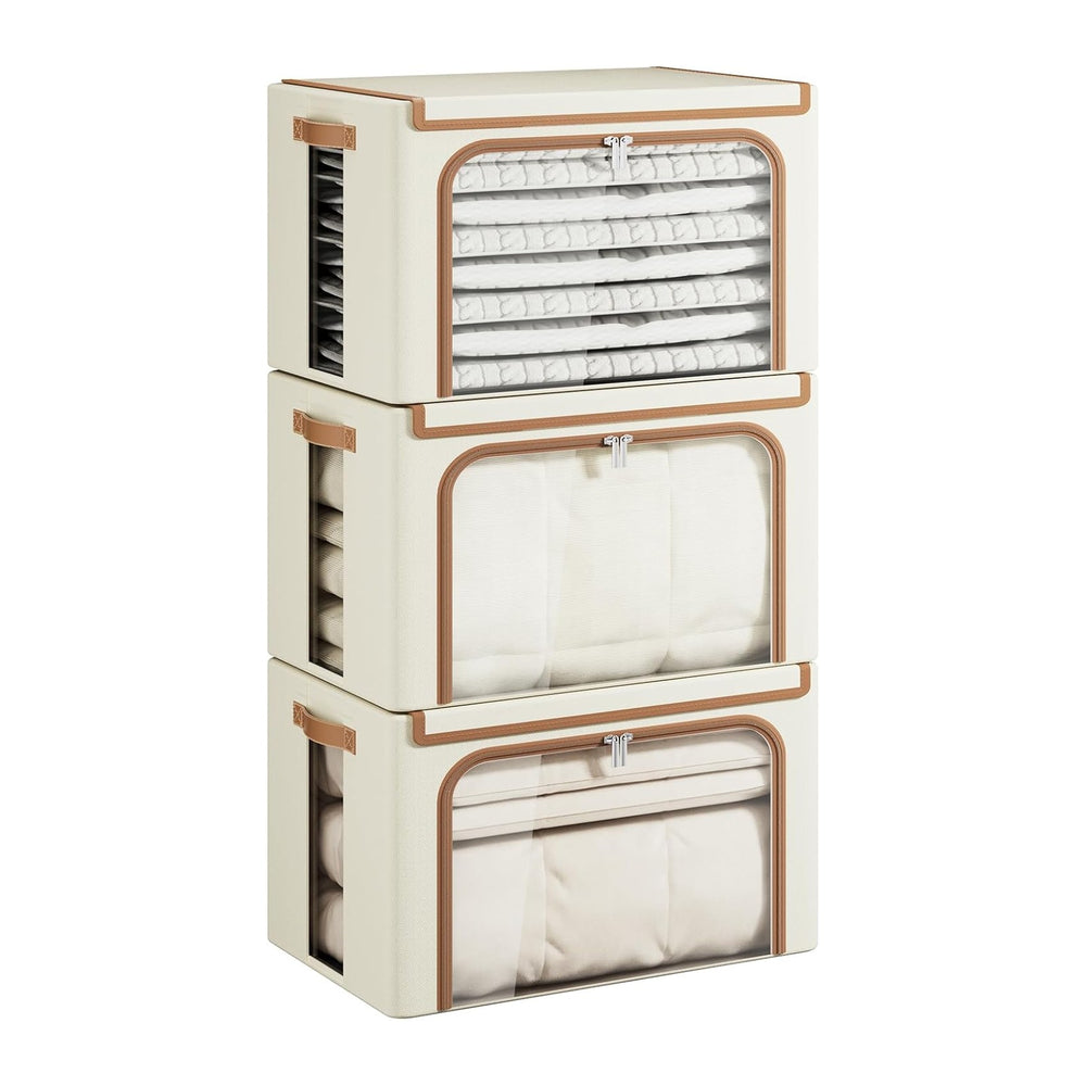 Yecaye Foldable Large Clothes Storage Bins with Lid, Beige, 66L, 3 Pack
