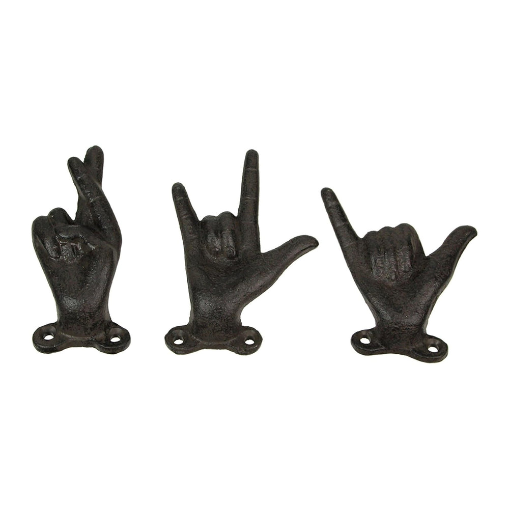 Zeckos Set of 3 Hand Gesture Wall Hooks, Brown Distressed Cast Iron, 4 Inch