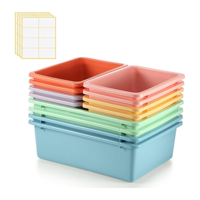 Zonon 12 Pcs Plastic Cubby Bins Office Storage Container Storage Bins Plastic Organization with 1 Pack Self Adhesive Label for Library Office Home Nursery(Pastel)